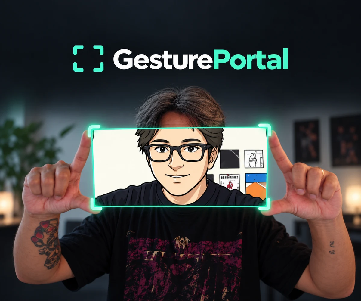 GesturePortal promotional illustration: two hands frame an anime version of the camera scene