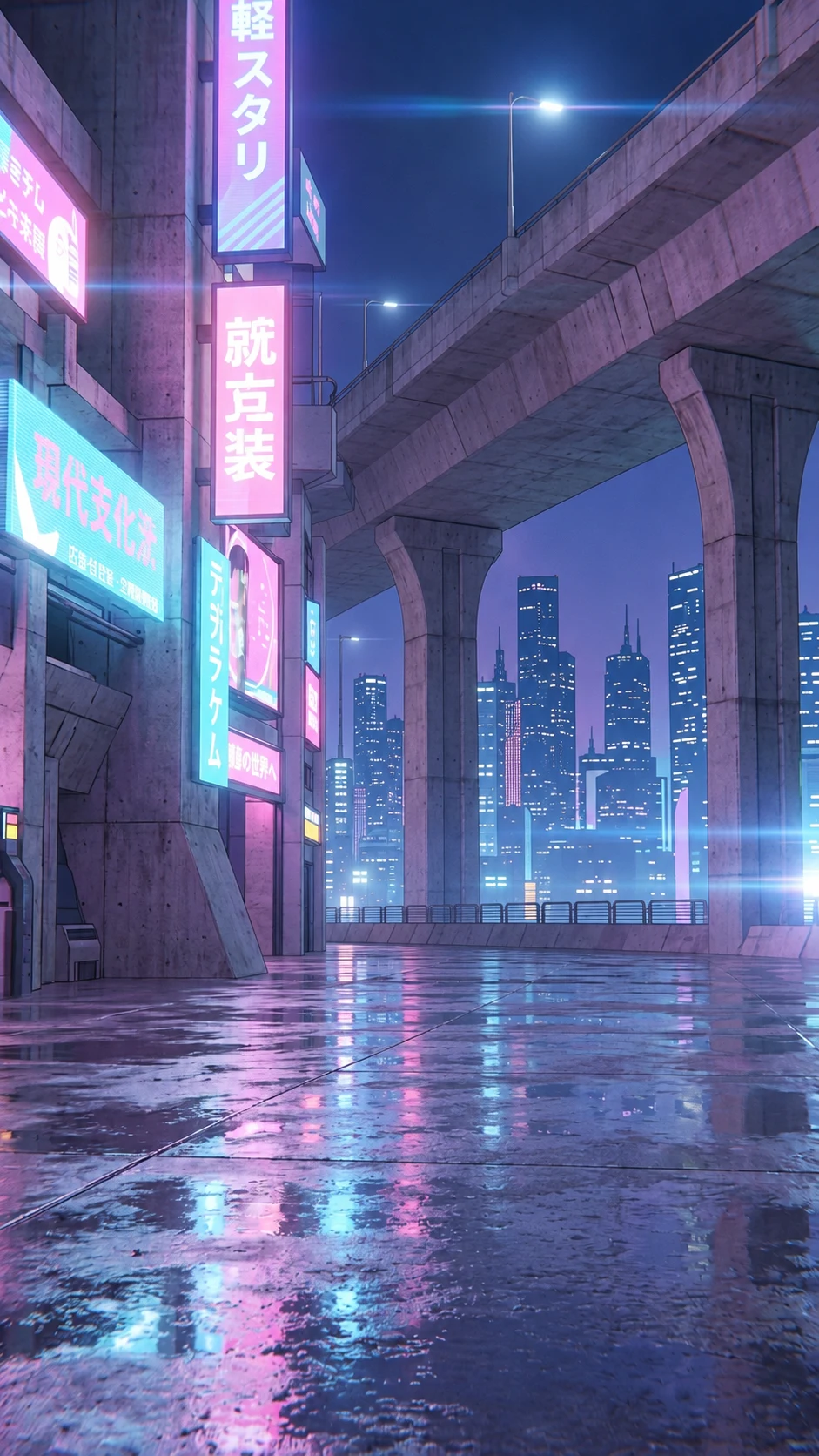 The background reference: empty neon plaza with wet paving, skyscrapers and an elevated concrete road
