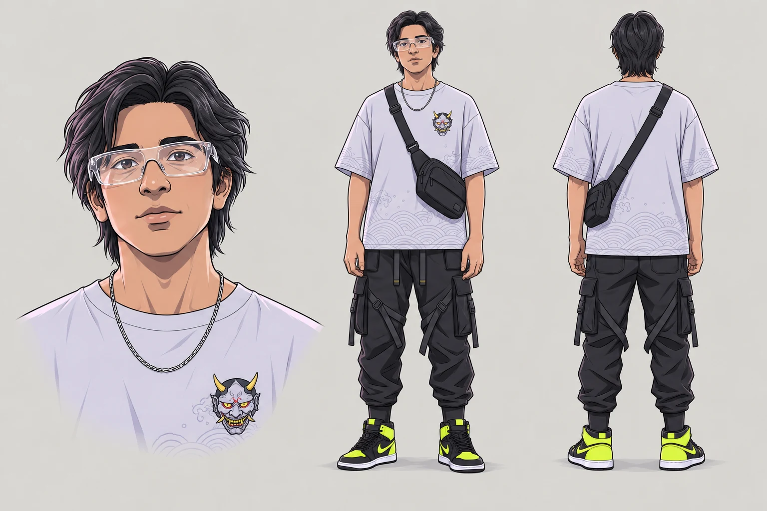Illustrated man with glasses, lavender shirt, crossbody bag and cargo trousers, shown in portrait, front and back views