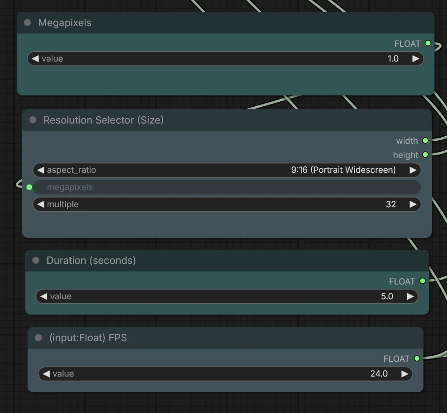 Megapixels at 1.0, Resolution Selector at 9:16 with multiple 32, Duration at 5 seconds and FPS at 24